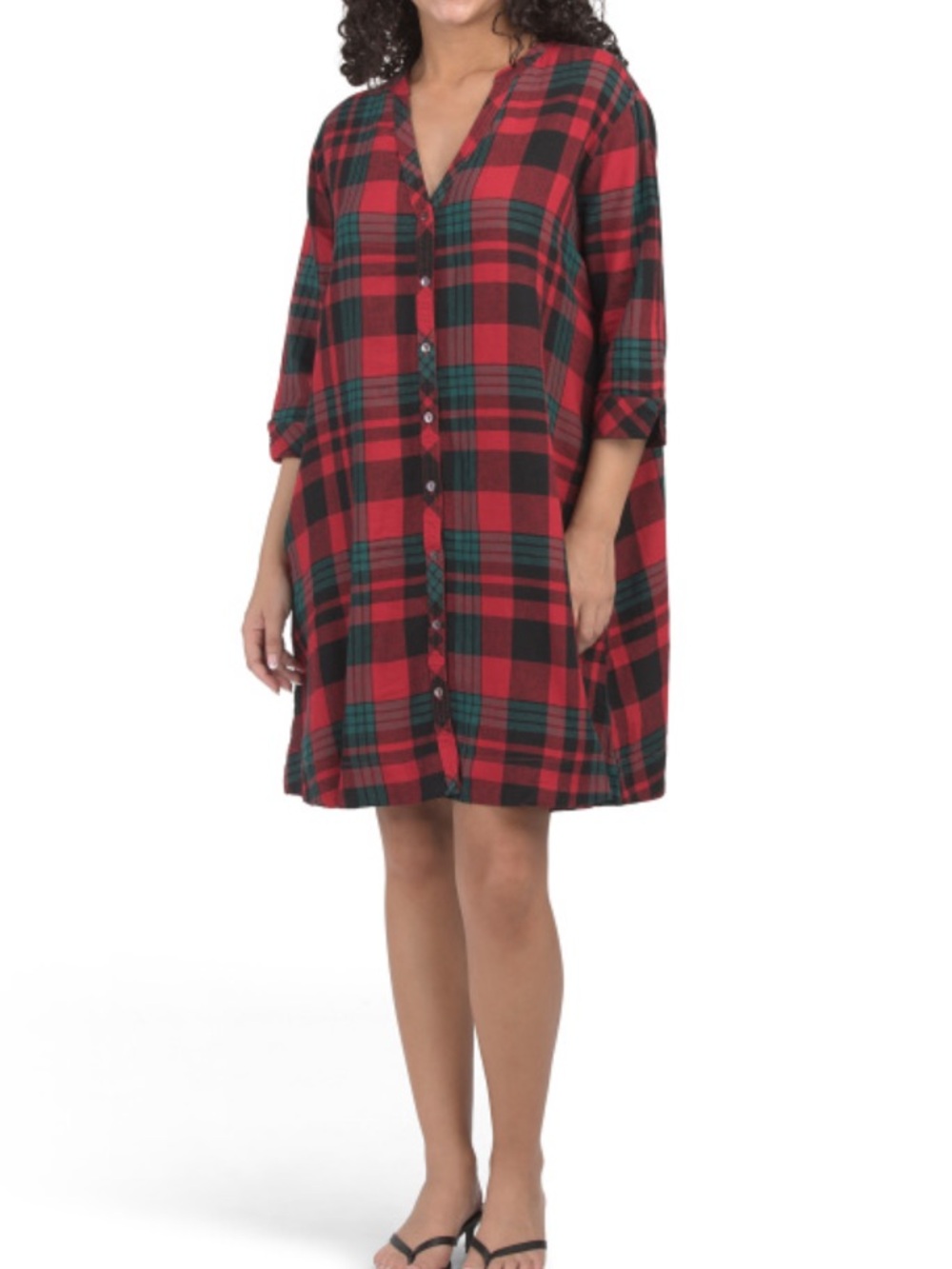 Nicole Miller Red & Green Plaid Button-Front Shirt Dress